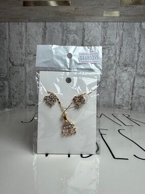 Gold Crystal Flower Necklace and Earring Set - Women Jewelry